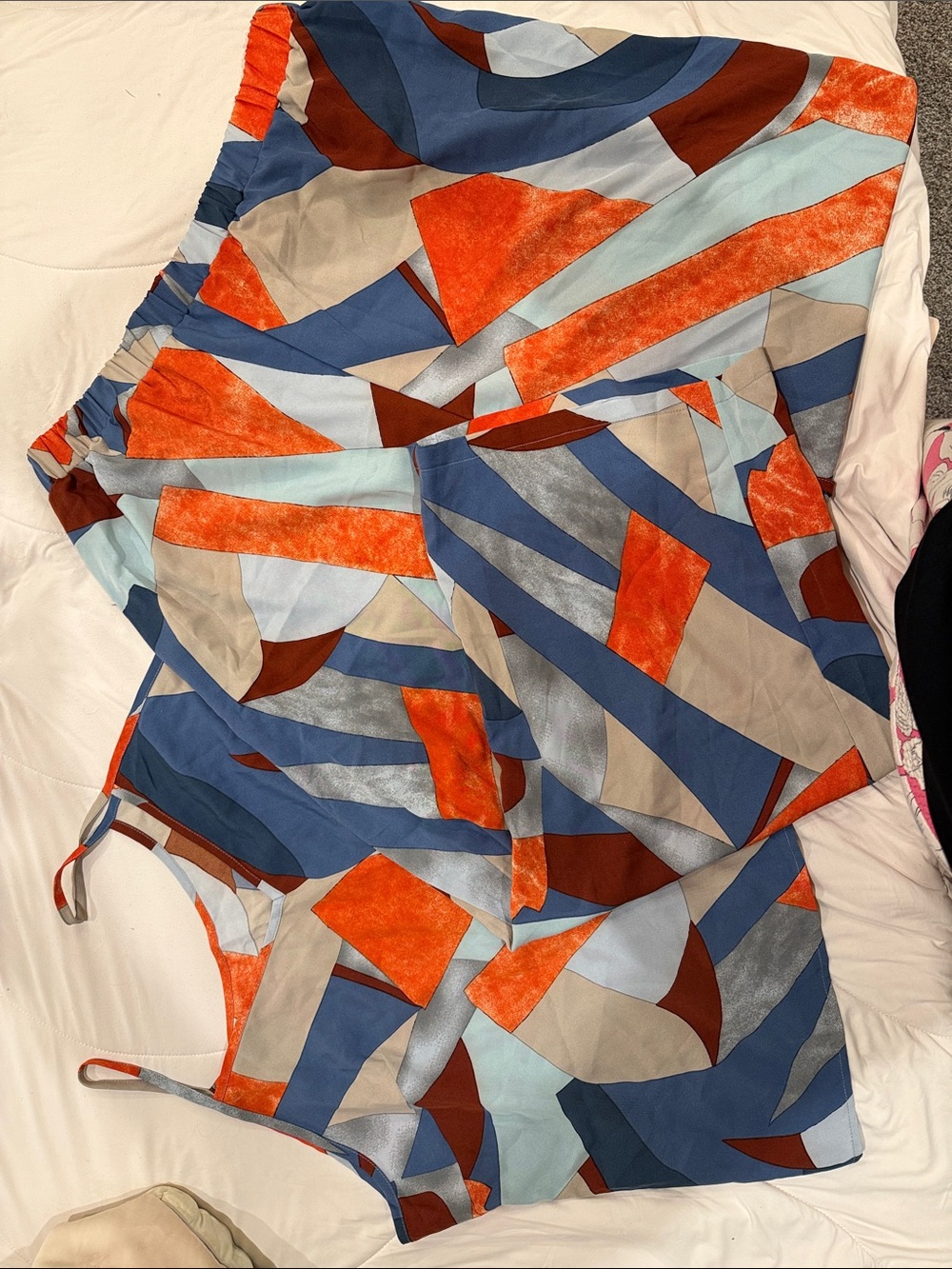 SHEIN Abstract Print Satin Cami & Shorts Set in Blue, Orange, Brown